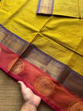 RF480 Mustard yellow shade Kattam / checks pattern Kanchi cotton saree with unique Annam pattern border