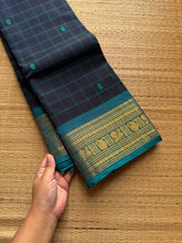 RF718 Kattam Edition ~ Navy blue with sky blue combination checks pattern Kanchi cotton saree with handmade thread buttas