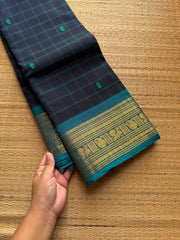 RF718 Kattam Edition ~ Navy blue with sky blue combination checks pattern Kanchi cotton saree with handmade thread buttas