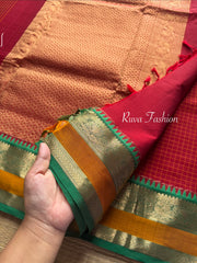 Premium 120 count soft handloom / hand woven Kanchi cotton saree with unique checks pattern & intricate Zari woven rich Pallu