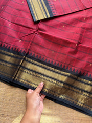 RF624 Kanchi Kattam ~ Reddish maroon shade with black combination Kanchi cotton saree with handmade thread buttas
