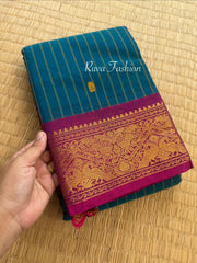 RF131 Dark Peacock Blue Shade With contrast magenta pink combination Vanasingaram border Kanchi cotton saree with striped pattern & handmade thread buttas