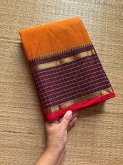 RF373 Orange with brown combination vintage border Kattam / checks pattern Kanchi cotton saree