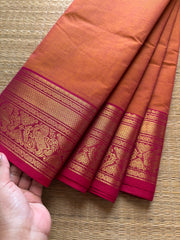 RF327 Dual tone orange shade Kanchi cotton saree with unique Yazhi pattern contrast border