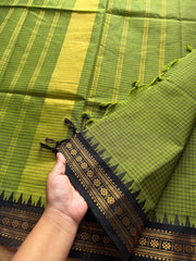 RF251 Green with black combination Podi Kattam / small checks vintage border Kanchi cotton saree