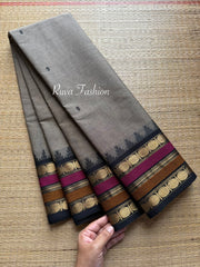 Grey shade l Kanchi Cotton Saree With Contrast & unique multi color border with small Thazhampoo pattern