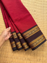 RF149 Reddish maroon with contrast brown Rettapet border Kanchi cotton saree