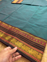 RF135 Dark teal Blue Shade With contrast brown combination vintage border Kanchi cotton saree