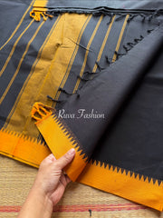 RF13 Black With Mustard yellow combination Kanchi Cotton Saree with thread border - RF13