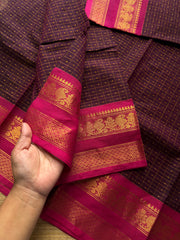 RF807 Lakshadeepam / 1000 Buttas checks / Kattam pattern Kanchi cotton saree :Jamun shade