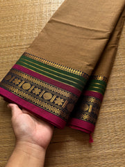 RF358 Dual tone earth Brown Shade Kanchi Cotton Saree with multi color contrast border