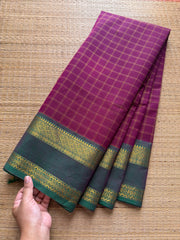 RF249 Magenta Pink shade with green combination Kanchi vintage Kattam / checks pattern saree with unique Rettapet border