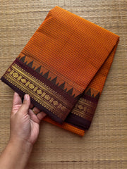 RF560 Orange with maroon Podi Kattam / small checks vintage Kanchi cotton saree