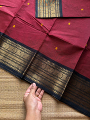 RF1072 Maroon with black Kanchi cotton saree with handmade thread buttas