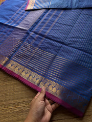 Dual tone royal blue shade Kanchi cotton saree with vaira Oosi pattern & contrast mango Zari border