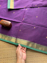 Purple with green combination small border Kanchi cotton saree with handmade golden Zari Buttas