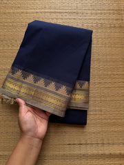RF505 Navy blue with grey combination small border Thazhampoo pattern Kanchi cotton saree