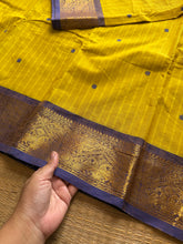 RF255 Mustard Yellow shade vintage Vanasingaram border Kanchi Cotton Saree with striped pattern & handmade thread buttas