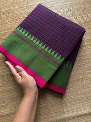 RF386 Deep purple shade soft Kanchi cotton saree with Kattam / checks pattern & handmade thread buttas