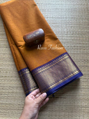 RF96 Mustard Orange Shade With Contrast Purple Korvai Zari Border Kanchi Cotton Saree