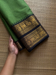 RF1139 Green with black Rettapet border Kanchi cotton saree