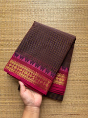 RF437 Brown shade Podikattam Kanchi cotton saree with contrast pink small zari border