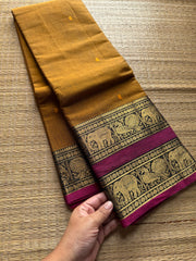 RF305 Mustard with contrast pink combination Rettapet border Kanchi cotton saree with handmade thread buttas