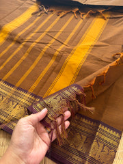 RF153 Coffee shade with contrast dark brown medium size golden Zari border with Annam pattern