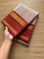 RF509 Beige with rust orange combination Kanchi cotton saree with vintage gap border and fully Vairaoosi pattern