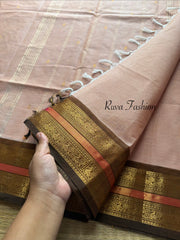 Cream& Golden mixed shade combination with contrast brown Zari border Kanchi cotton saree with handmade golden Zari Buttas