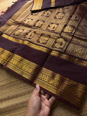 RF728 Premium Rich Pallu Kanchi Cotton Saree ~ Deep Coffee Brown with floral, Annam & Yazhi pattern Zari woven
