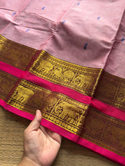 RF304 Light baby pink saree with contrast pink combination Rettapet border Kanchi cotton saree with handmade thread buttas