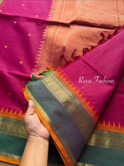 Magenta Pink and green combination Kanchi cotton saree with rich Zari woven Pallu and handmade golden Zari Buttas
