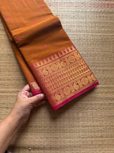 RF583 Rustic orange shade with pink combination mango pattern Kanchi cotton saree with handmade thread buttas