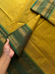 RF531 Light mustard yellow with green combination Kanchi cotton saree