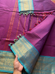 RF324 Silk saree inspired Kanchi cotton saree with Magenta Pink & sky blue combination Annam & elephant pattern Zari border