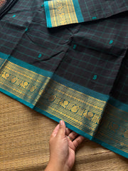 RF586 Black with teal blue combination Kanchi Kattam / checks pattern saree with handmade thread buttas