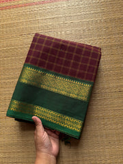 RF413 Dark Maroon With Contrast Green Combination Traditional Vintage Kattam Kanchi Cotton Saree With rettapet gap border