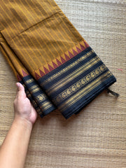 RF1044 Mustard with black combination Kanchi cotton saree with vertical stripes pattern