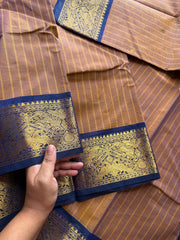 RF191 Dual tone mustard brown With contrast navy blue combination Vanasingaram border Kanchi cotton saree with striped pattern & handmade thread buttas