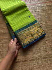 RF1406 Parrot green ~ Vanasingaram border Kanchi cotton saree with handmade thread buttas