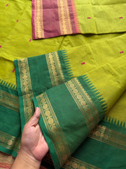 RF290 Dual tone parrot green shade Kanchi cotton saree with Ganga Jamuna Rettapet Border & Handmade thread buttas