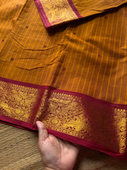 RF536 Dual tone orange with contrast maroon combination Kanchi cotton saree with Vanasingaram border and handmade thread buttas
