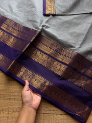 RF1301 Light grey with dark purple combination Kanchi cotton saree with long / big border