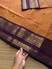 RF1027 Dual tone mango shade with contrast purple border Kanchi cotton saree with handmade thread buttas