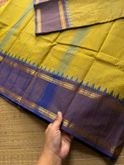 RF491 Mustard yellow with light lavender combination vintage style gap border & Podikattam / small checks Kanchi cotton saree