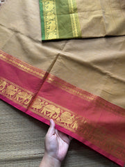 Beige shade Kanchi cotton saree with small horizontal stripped pattern with unique Ganga Jamuna border