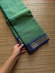 Vintage Podi Kattam ~ Dual tone Apple green shade with royal blue combination small checks Kanchi cotton saree