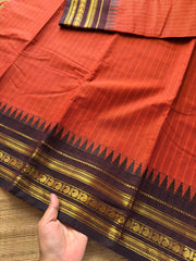 RF348 Rust Orange With Contrast Brown Kanchi Cotton Saree with vertical stripped pattern & mango Zari border