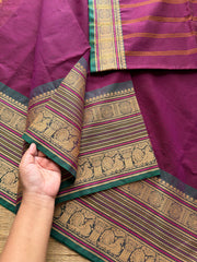 RF440 Magenta with green combination Premium & Soft Kanchi Cotton Saree with intricate horizontal stripped lines